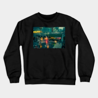 Rainy night in Neo Tokyo Matrix vibe with green and orange light reflection Crewneck Sweatshirt